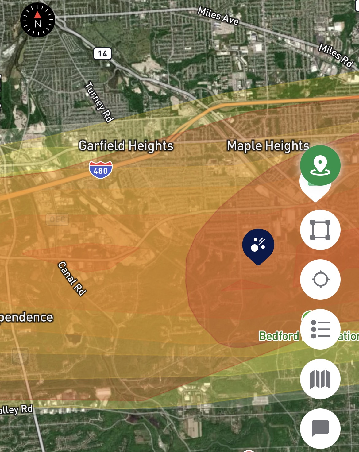 Metro Cleveland hail swath map close-up over Garfield Heights and Maple Heights