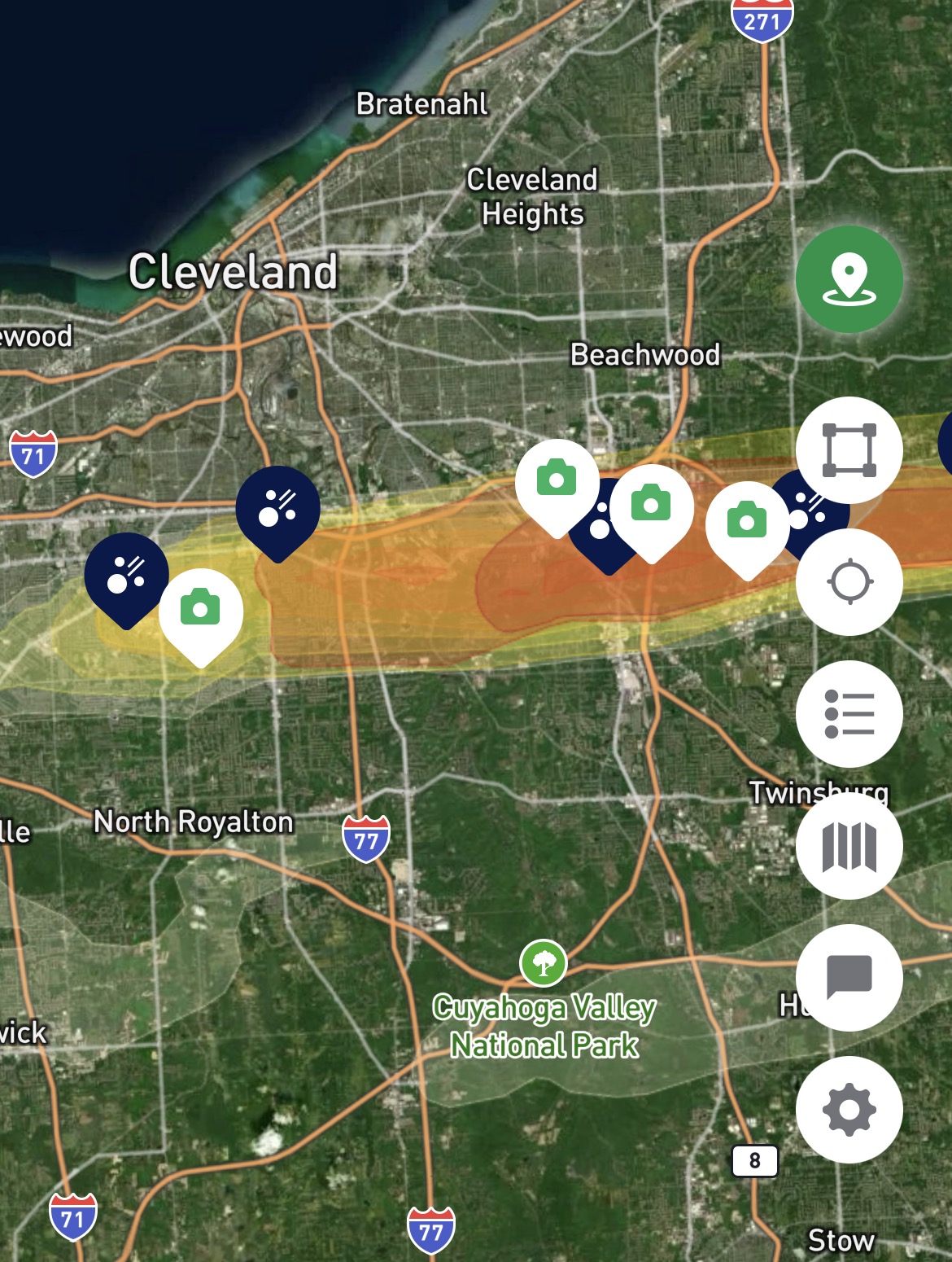 Metro Cleveland hail swath map, wide view, April 15 2026